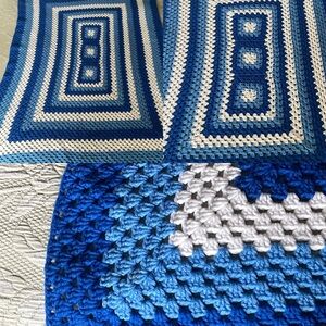Handmade Vintage Crochet Large Blanket Afghan Granny Stripe White Blue 59”x 47”